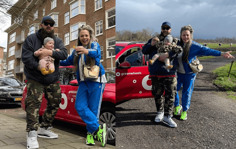 Tweeluik foto Roosmarijn Koster in Amsterdam en Groningen met Greenwheels deelauto en gezin