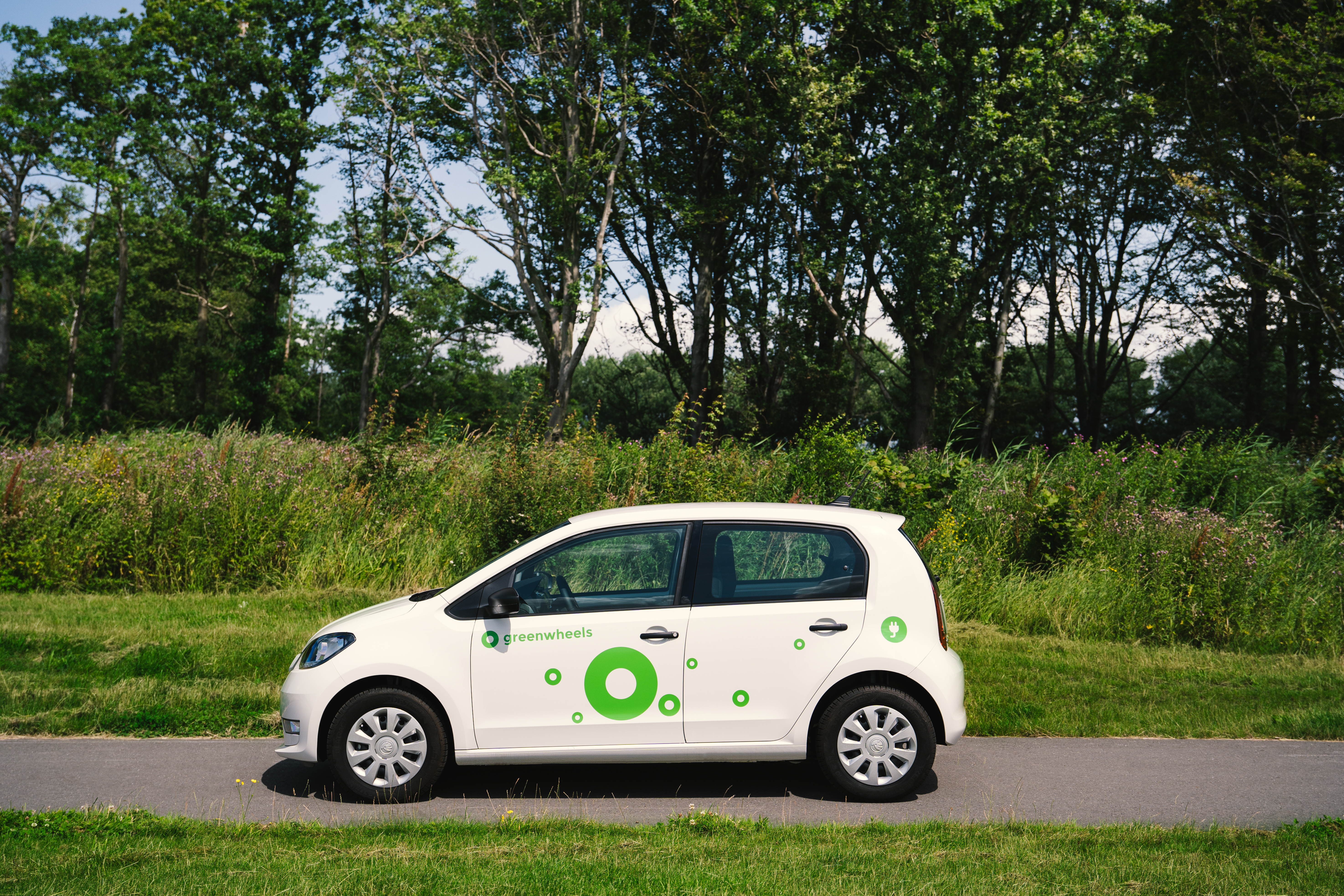 Elektrische deelauto op de weg in de natuur