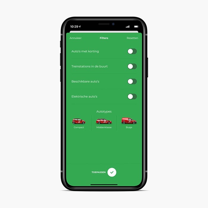 Greenwheels app filteren auto types autotypes